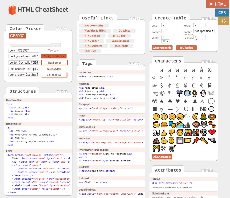 Online Interactive HTML CSS JavaScript Cheat Sheets (and more)