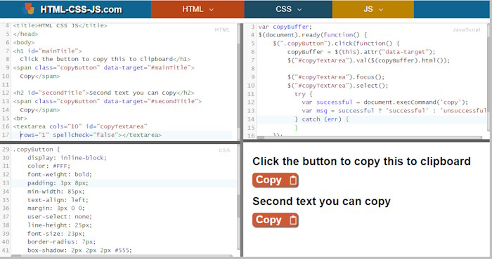 copy to clipboard button html css jquery