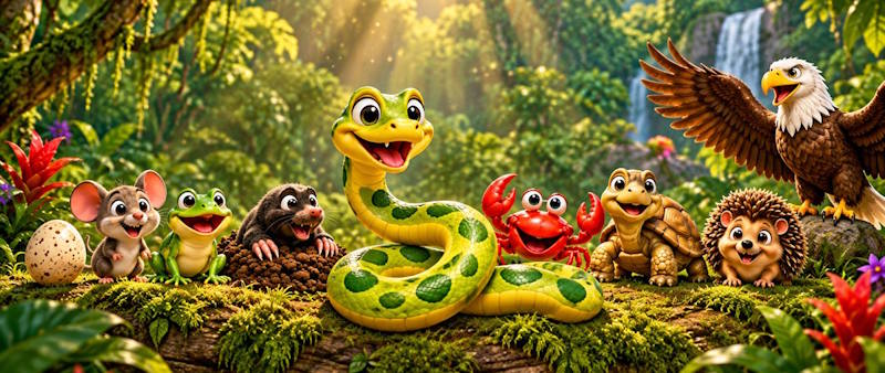 The Snake Jungle critters: egg, mouse, frog, mole, crab, turtle, hedgehog and eagle