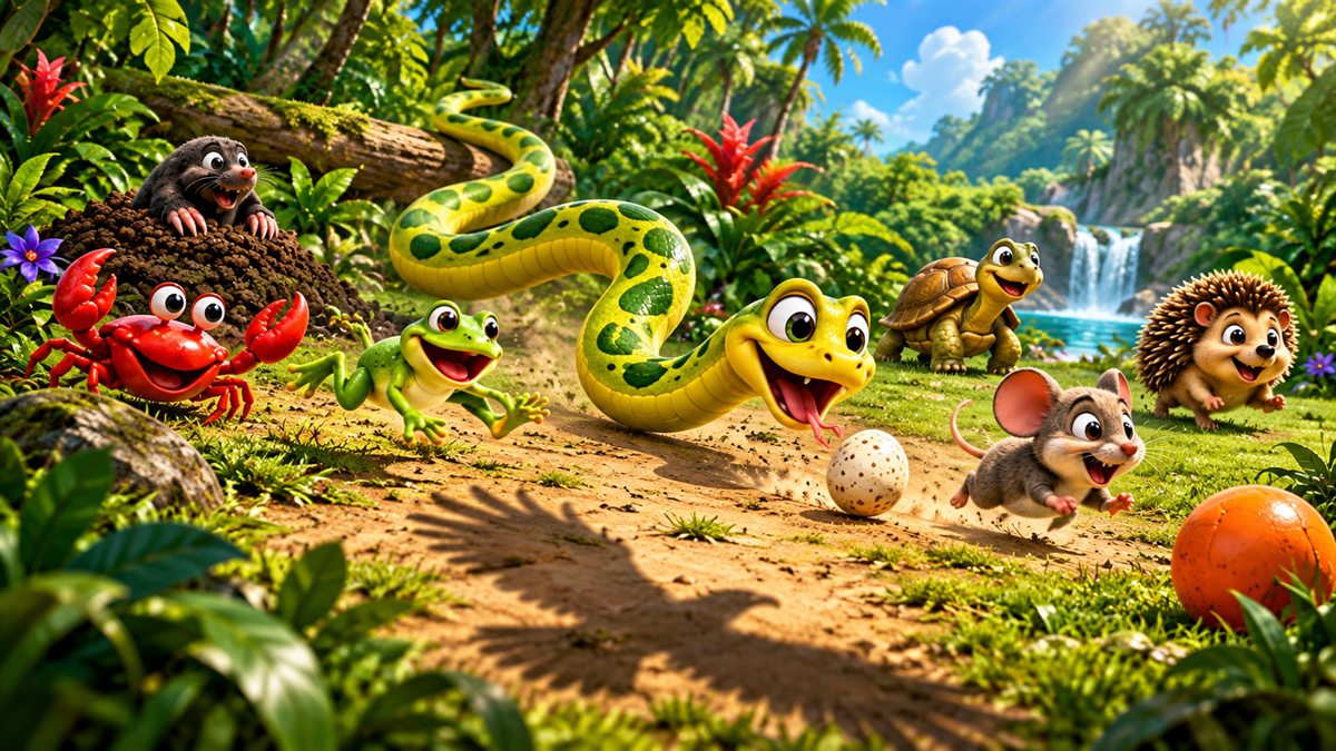 Snake Jungle: a cartoon snake chasing an egg through the jungle, with a mouse, frog, mole, crab, turtle, hedgehog and a diving eagle