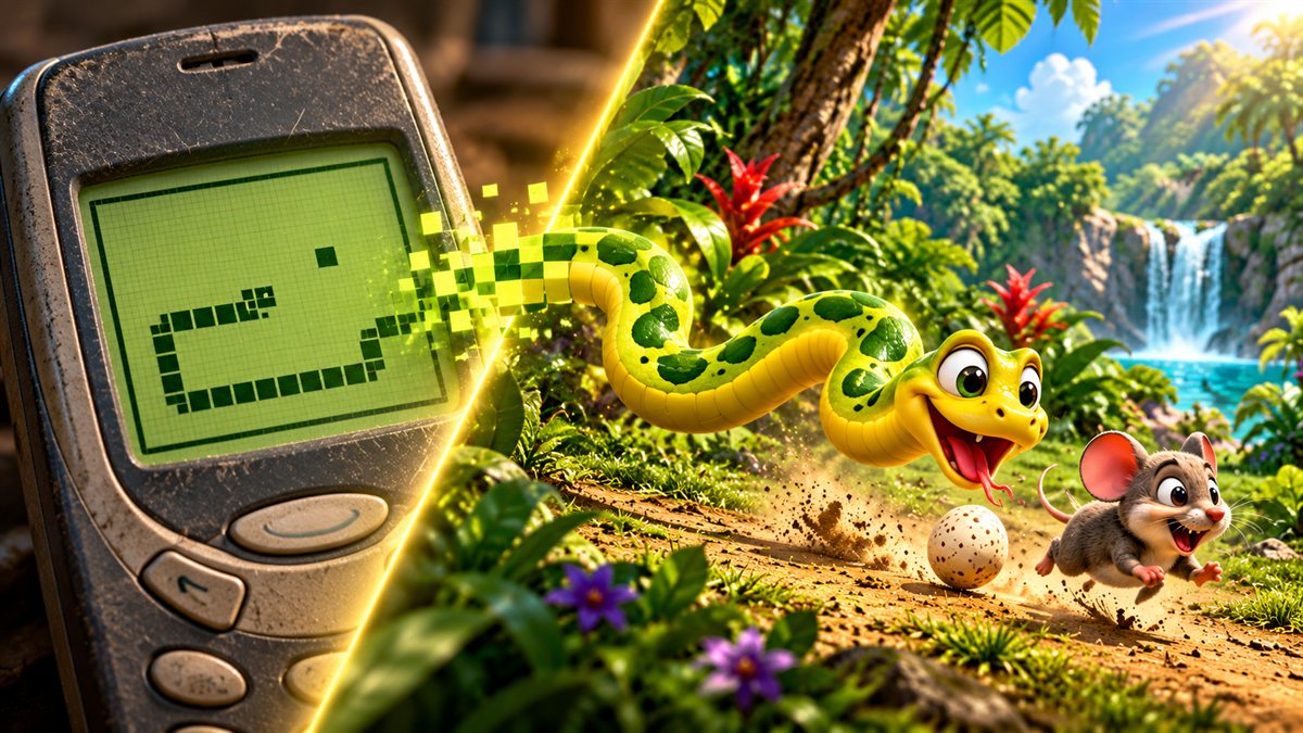 Old pixel snake on a green phone screen next to the smooth cartoon snake of Snake Jungle
