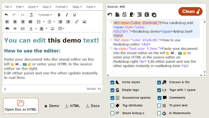 HTML Editor Online: visual WYSIWYG editor and HTML source panel side by side